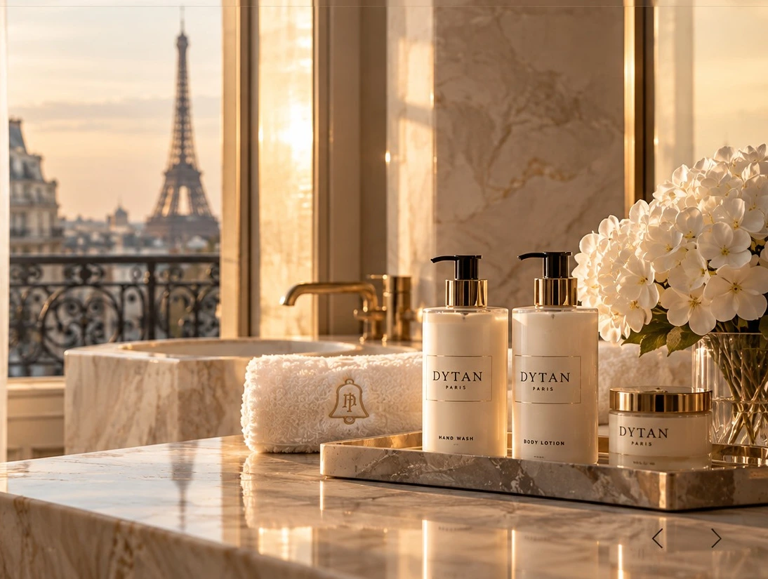 Elegant Parisian hotel bathroom with ivory and gold amenities